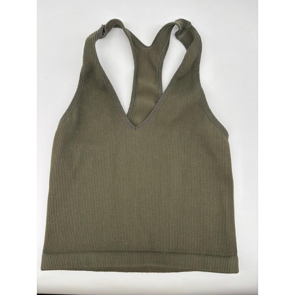 FP Movement Tank Top Women M Olive Green Ribbed Racerback V-Neck Seamless Crop